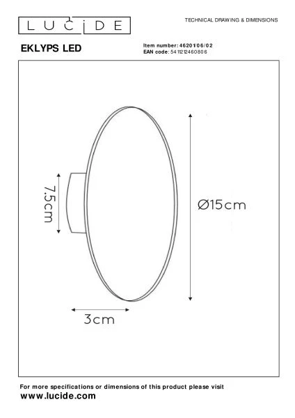 Lucide EKLYPS LED - Lámpara de pared - Ø 15 cm - LED - 1x7W 3000K - Oro mate / Latón - técnico